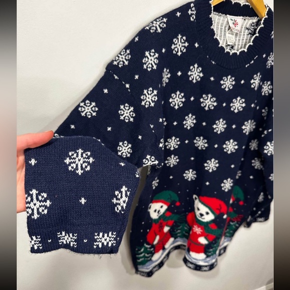 VTG Nutcracker Festive Teddy Bear Sweater Blue White Funky Hippie Boho Size L - Picture 3 of 6